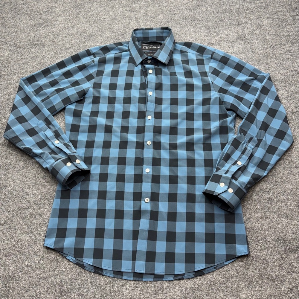 Mizzen+Main JJ Watt Blue Black Buffalo Check Trim Fit Performance Shirt Large
